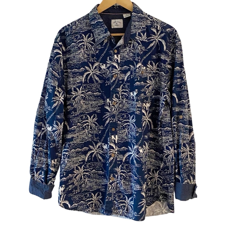 Rebel James & Charli Hawaiian Shirt Button Down Blue Tropical Palm Trees Size XL